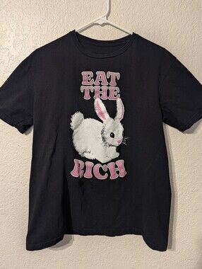 EAT THE RICH Attic Salt Black & Pink Bunny T-shirt, Size M
